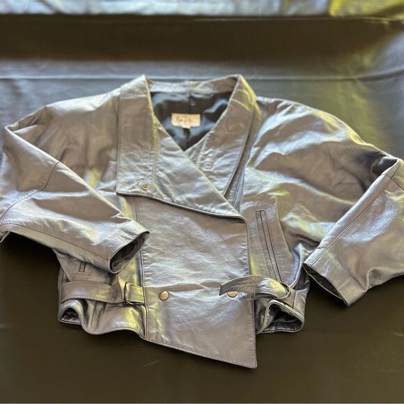 Vintage 80s Nora Ritti Oversized Blue Leather Jacket Belted Cropped Moto Style M - Picture 5 of 16